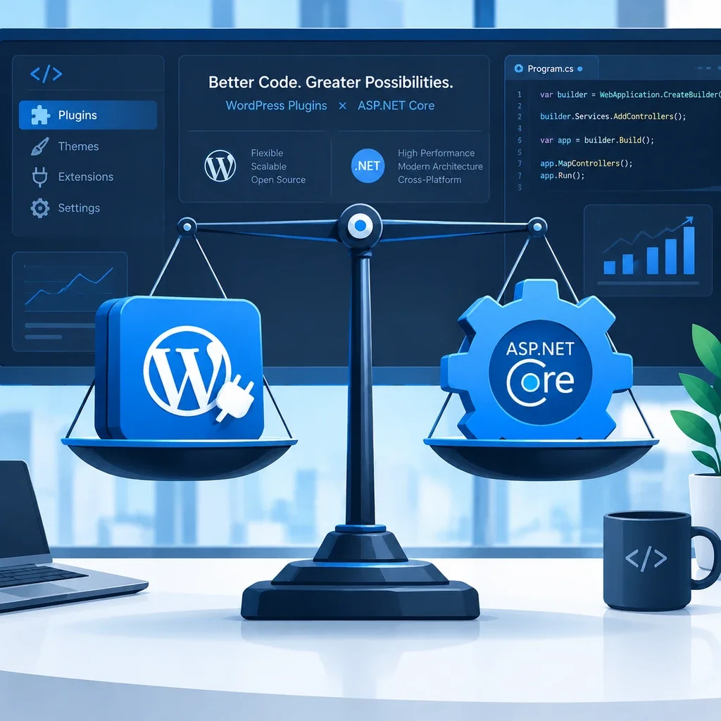 نمودار مقایسه عملکرد فنی و ساختار کدنویسی وردپرس و ASP.NET در توسعه وبسایت.