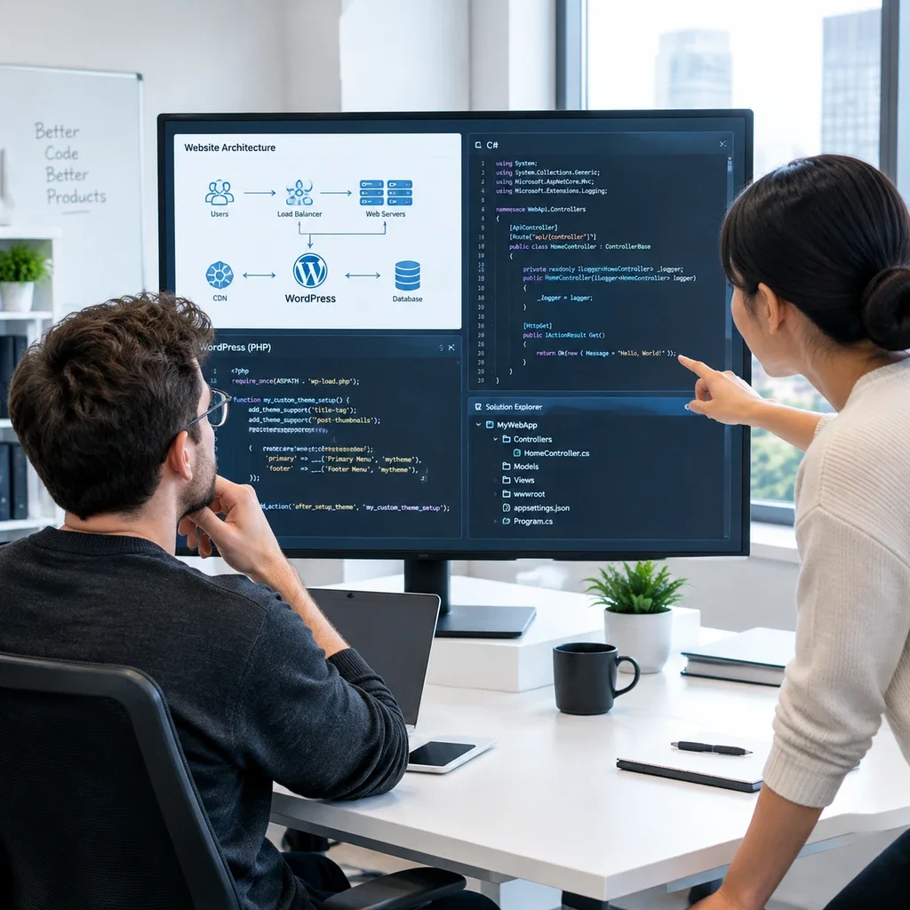 اینفوگرافیک مقایسه تخصصی مزایا و معایب وردپرس در برابر پلتفرم ASP.NET Core برای طراحی سایت.